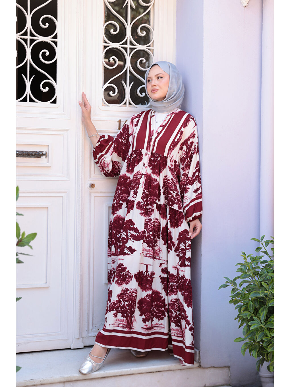Kadın Ağaç Desenli Elbise Bordo-2