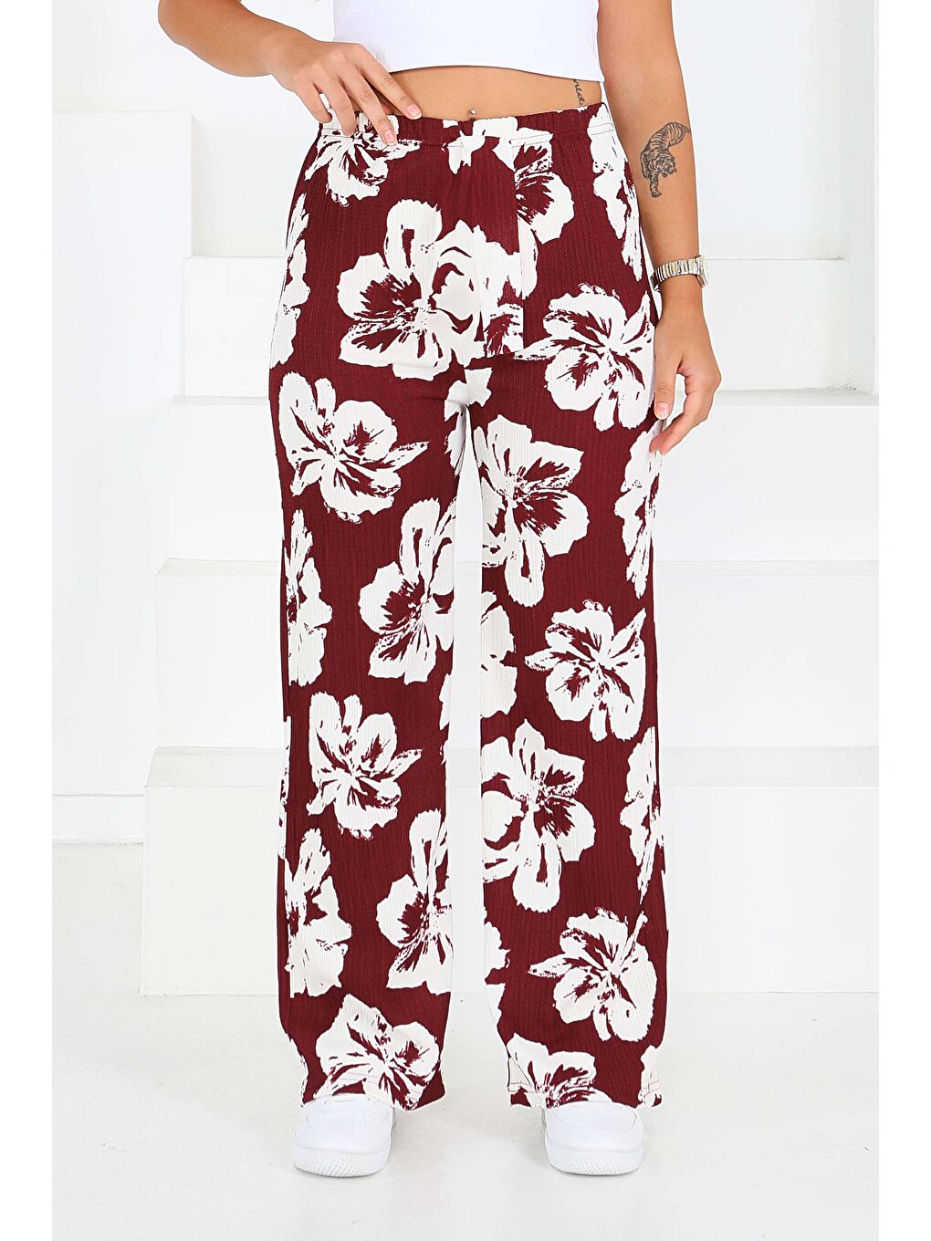 Desenli Beli Lastikli Bürümcük Pantolon Bordo - 27685-2