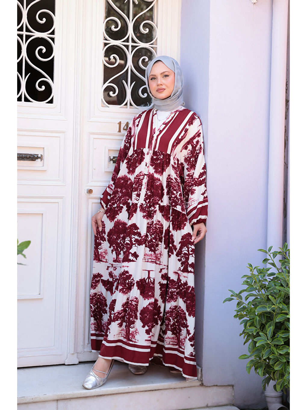 Kadın Ağaç Desenli Elbise Bordo-3
