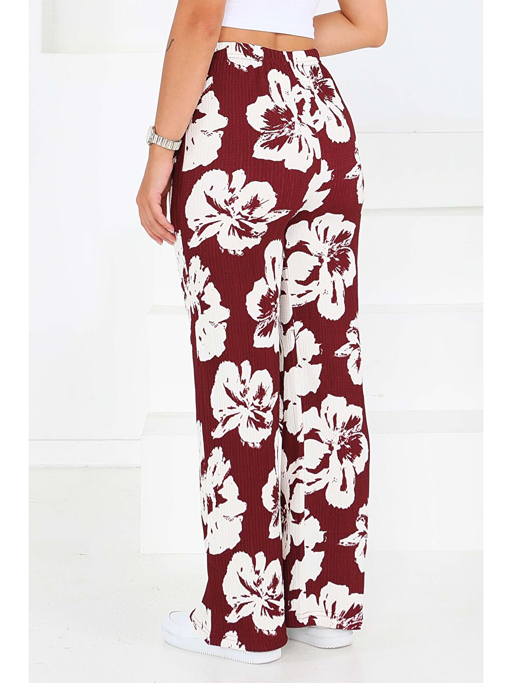 Desenli Beli Lastikli Bürümcük Pantolon Bordo - 27685-3