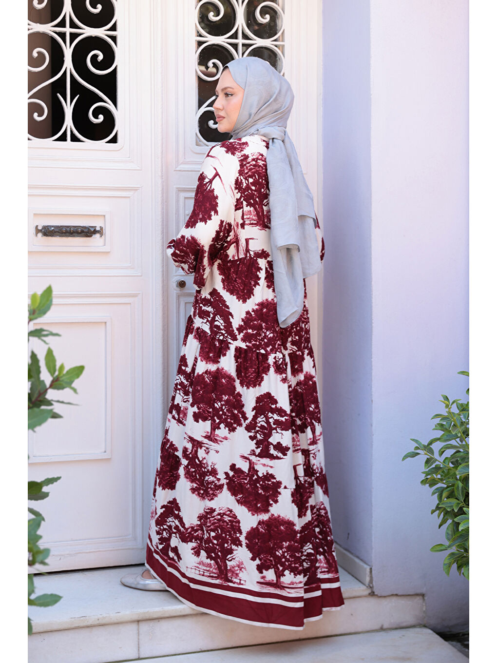 Kadın Ağaç Desenli Elbise Bordo-4