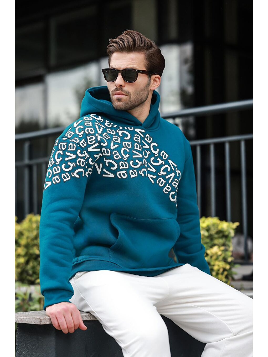 Petrol Yeşili Baskılı Kapüşonlu Erkek Sweatshirt E7160-1