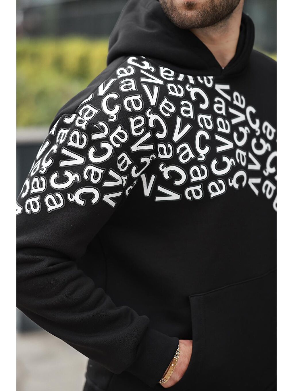 Siyah Baskılı Kapüşonlu Erkek Sweatshirt E7160-2