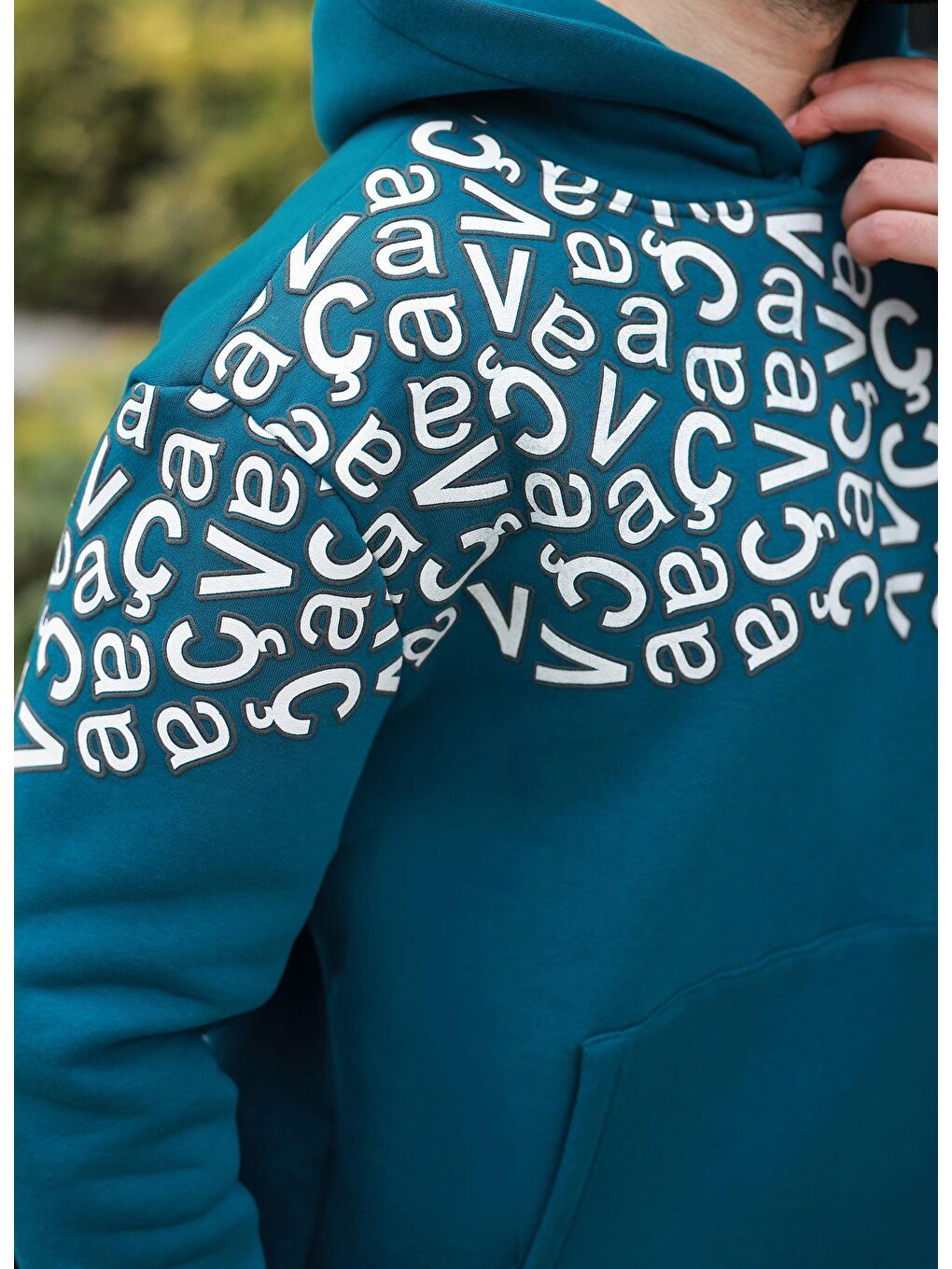 Petrol Yeşili Baskılı Kapüşonlu Erkek Sweatshirt E7160-2