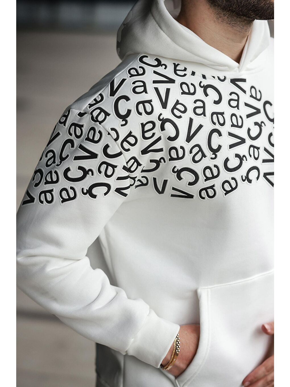 Ekru Baskılı Kapüşonlu Erkek Sweatshirt E7160-2