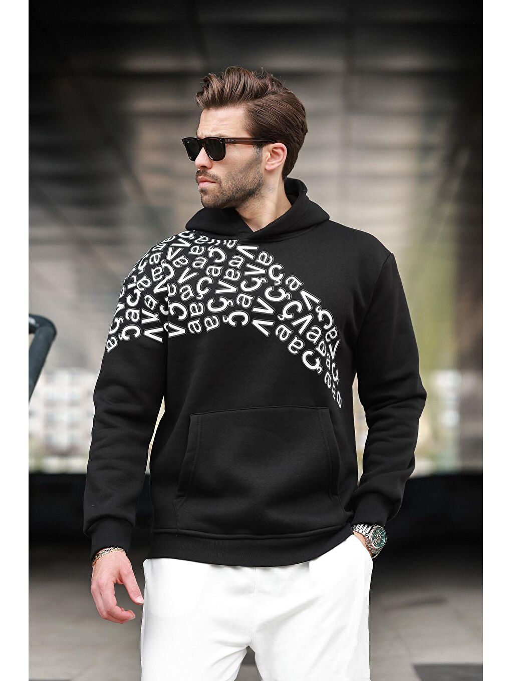 Siyah Baskılı Kapüşonlu Erkek Sweatshirt E7160-3