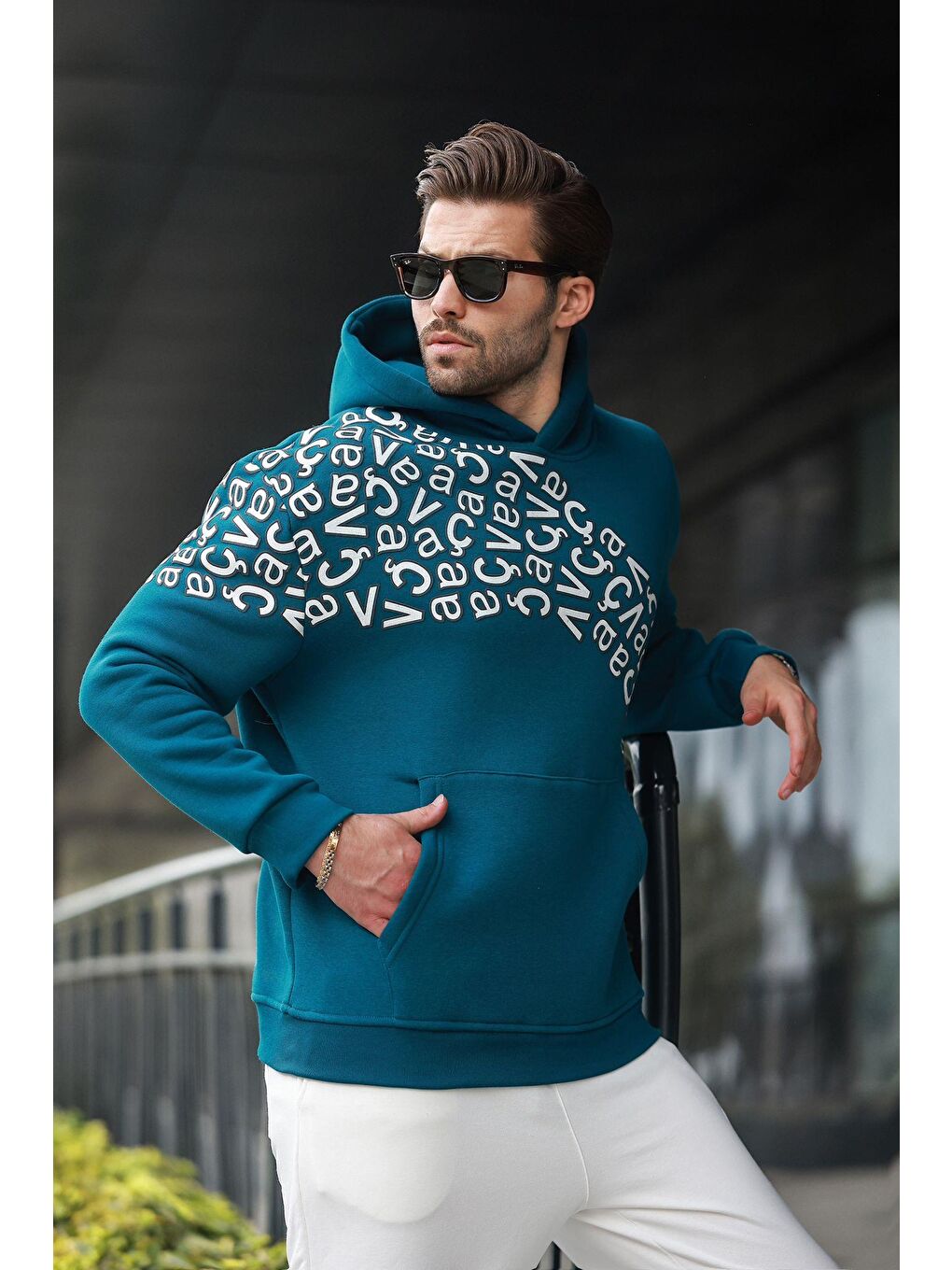 Petrol Yeşili Baskılı Kapüşonlu Erkek Sweatshirt E7160-3