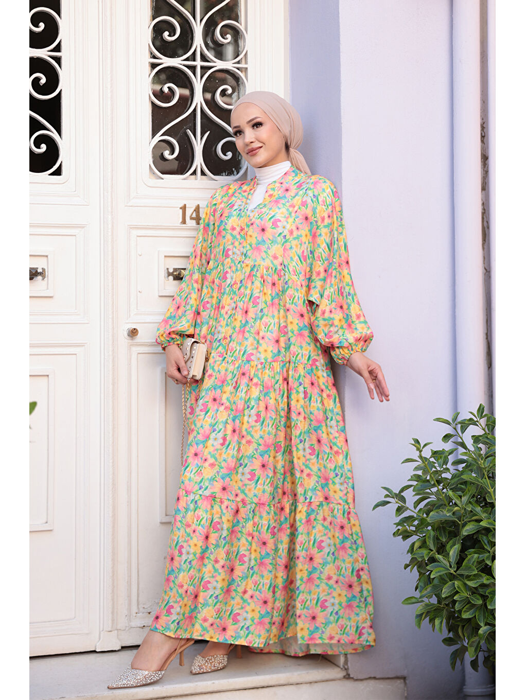 Kadın Pastel Çicek Desen Elbise Yeşil-1