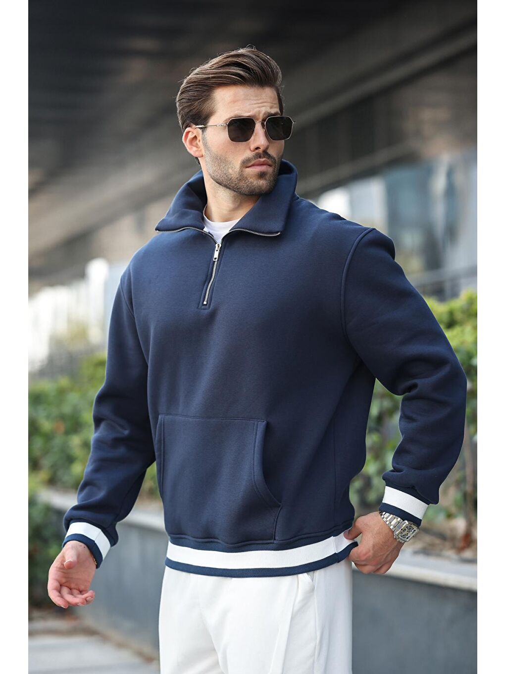 Lacivert Fermuarlı Dik Yaka Kanguru Cep Erkek Sweatshirt E7159-1