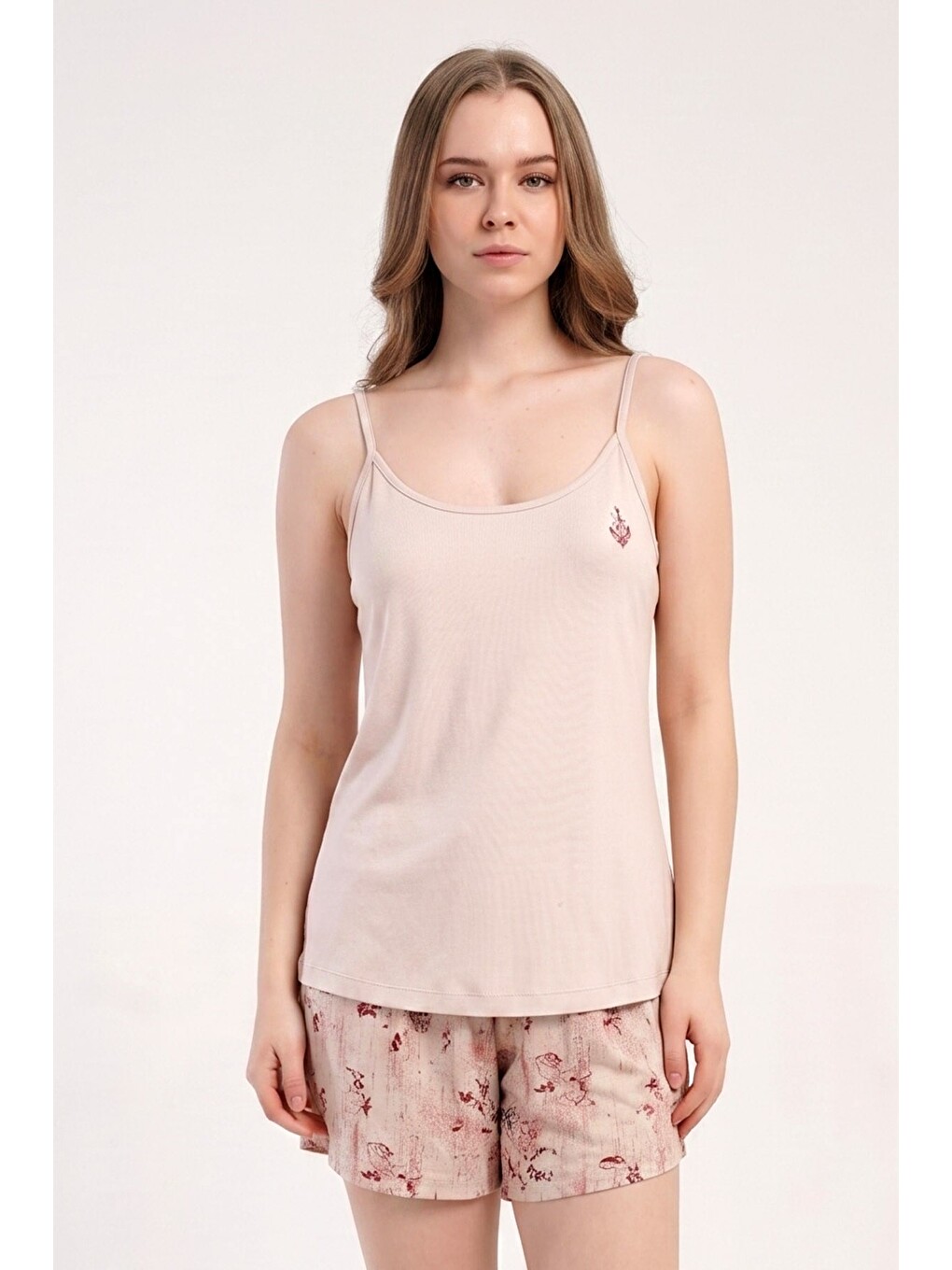 Ekru İp Askılı Şortlu Pijama Takımı Krem-512247-2