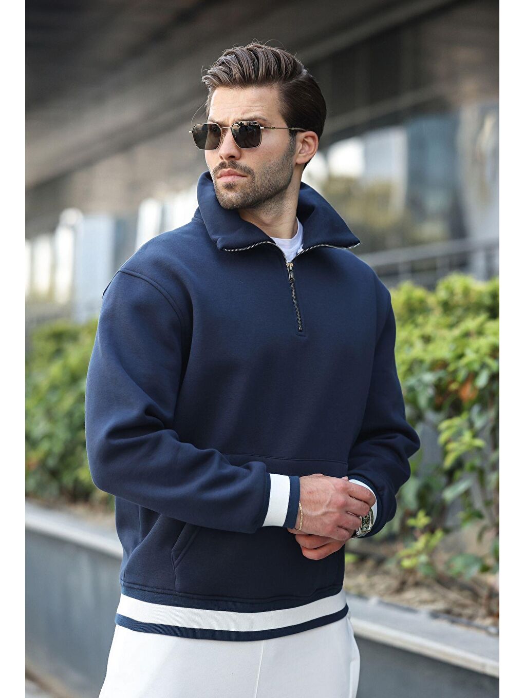 Lacivert Fermuarlı Dik Yaka Kanguru Cep Erkek Sweatshirt E7159-2