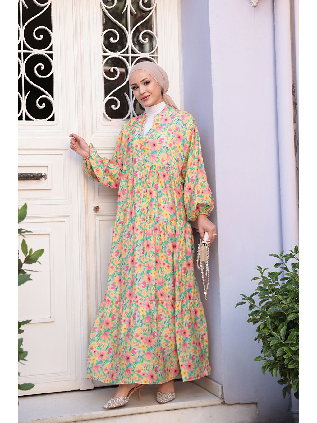 Kadın Pastel Çicek Desen Elbise Yeşil-3