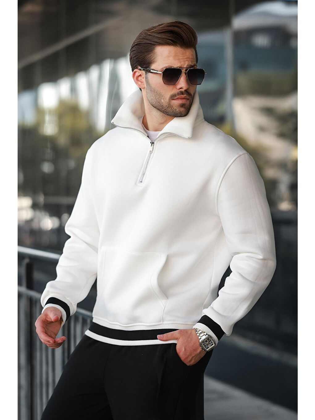 Ekru Fermuarlı Dik Yaka Kanguru Cep Erkek Sweatshirt E7159-1