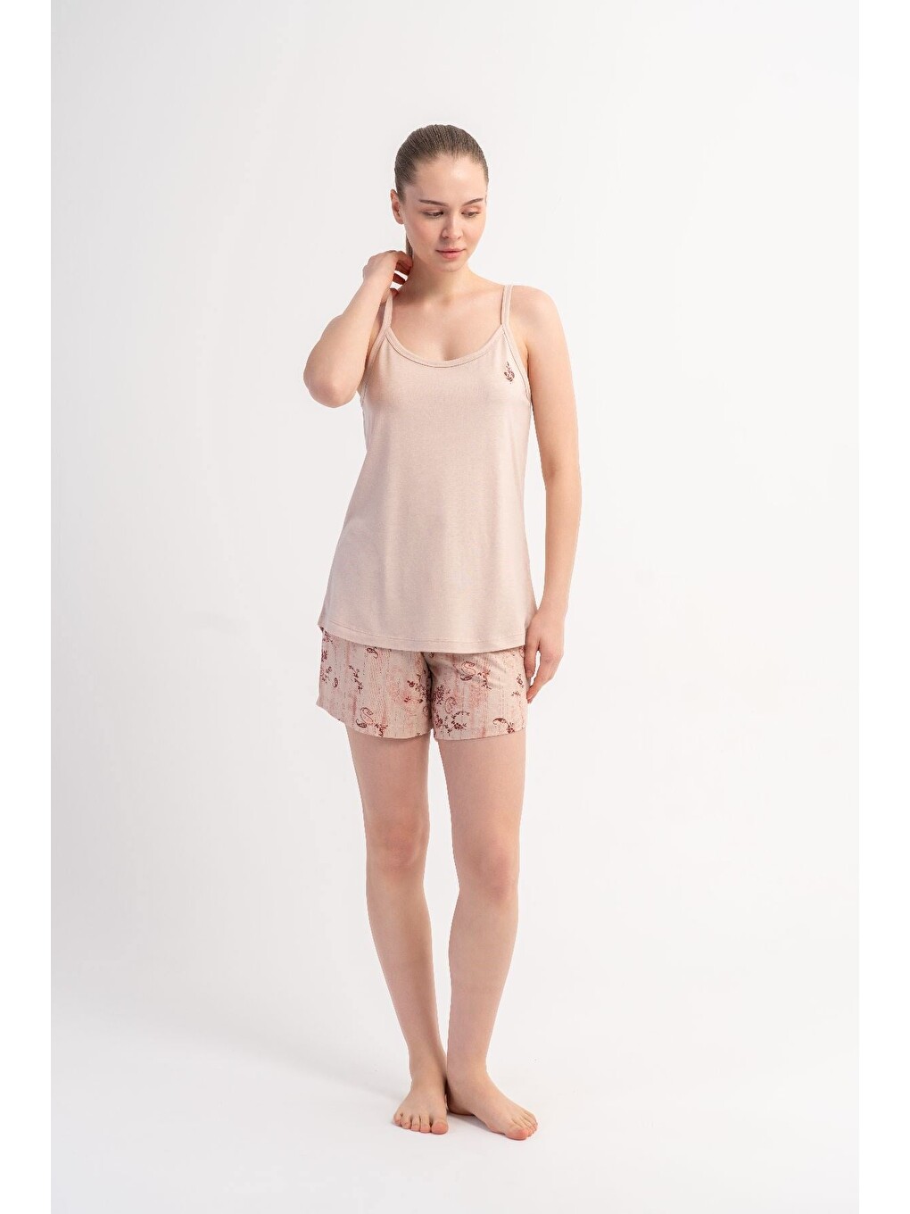 Ekru İp Askılı Şortlu Pijama Takımı Krem-512247-6