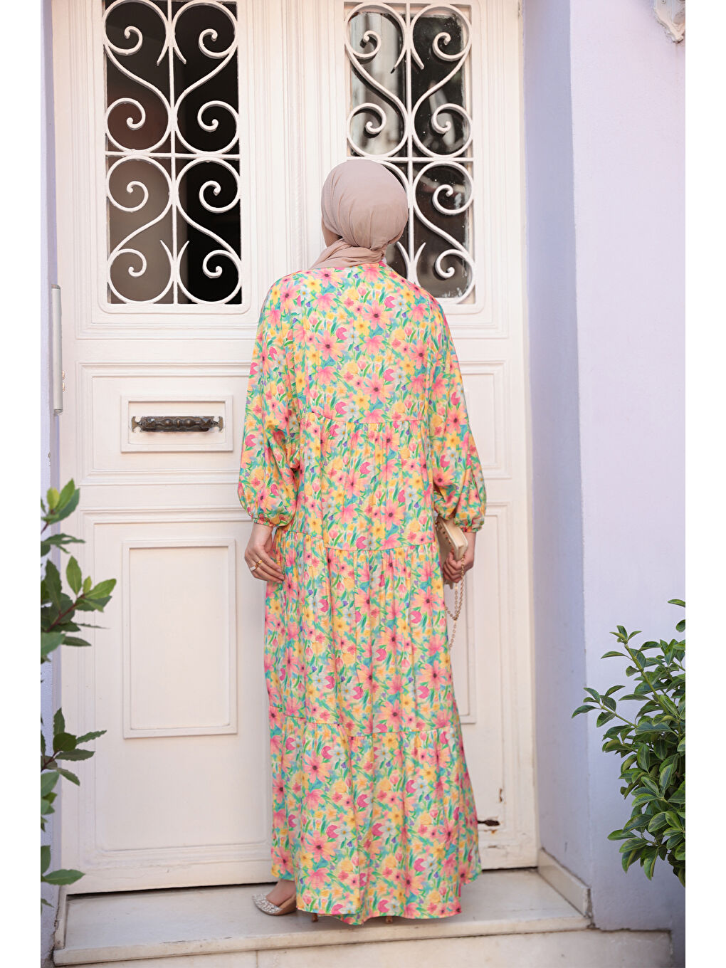 Kadın Pastel Çicek Desen Elbise Yeşil-4