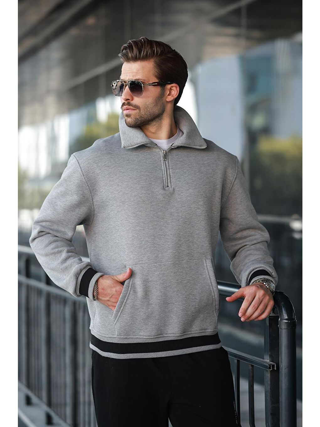 Grimelanj Fermuarlı Dik Yaka Kanguru Cep Erkek Sweatshirt E7159