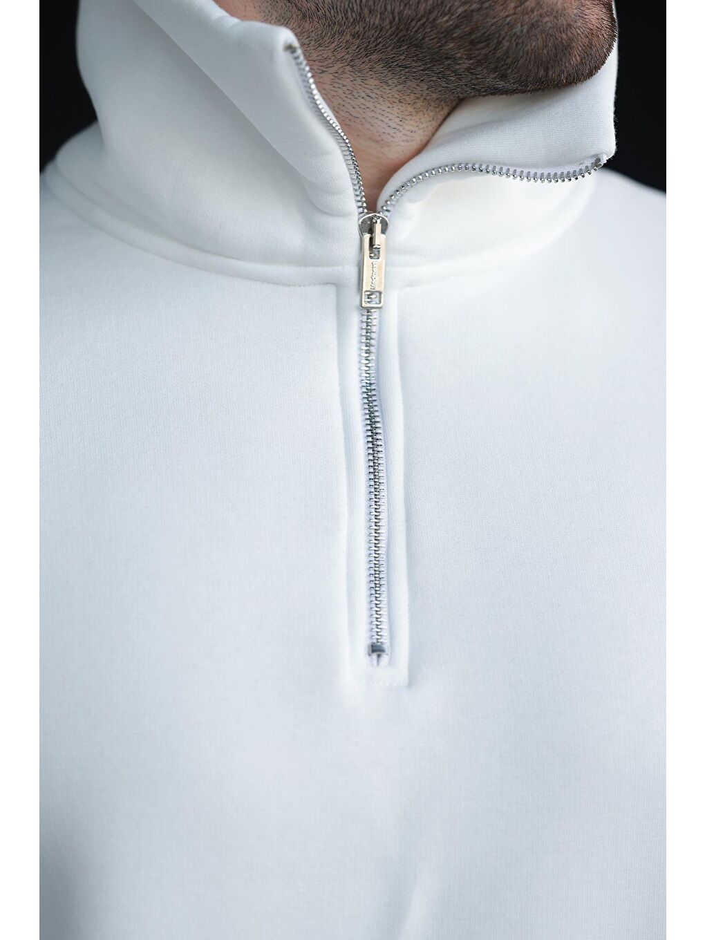 Ekru Fermuarlı Dik Yaka Kanguru Cep Erkek Sweatshirt E7159-2
