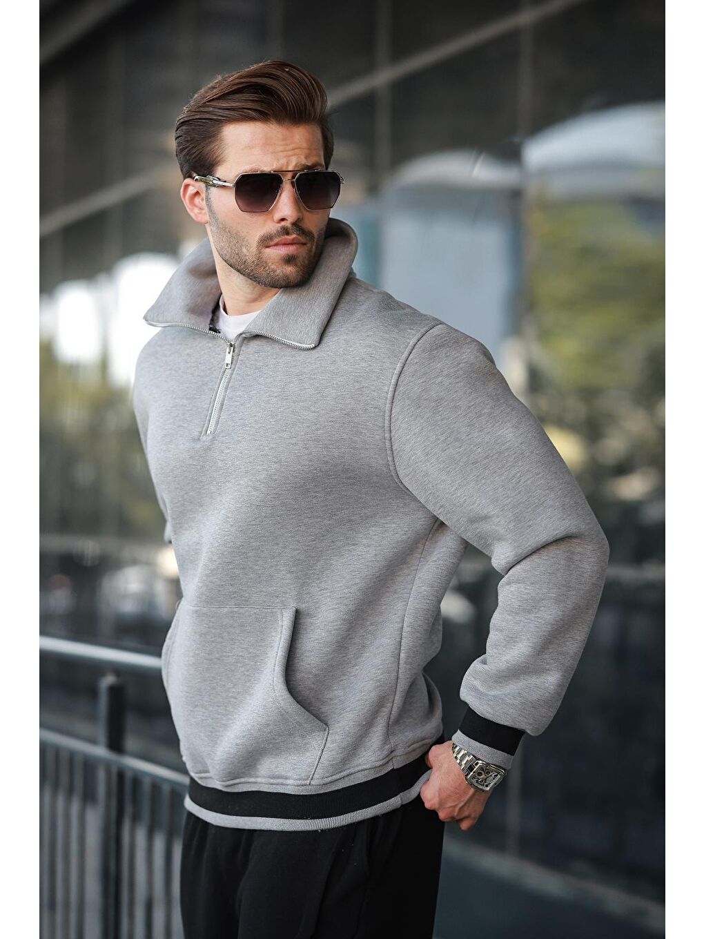 Grimelanj Fermuarlı Dik Yaka Kanguru Cep Erkek Sweatshirt E7159-1