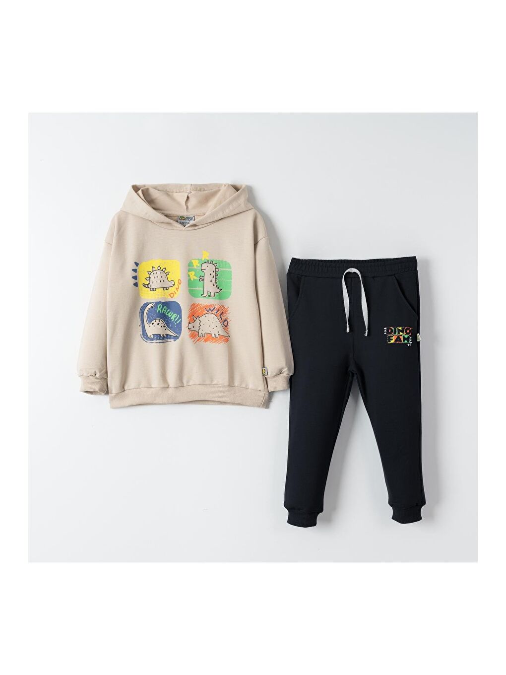 Mışıl Kids Bej-Siyah Dino Fam Baskılı Erkek Çocuk Sweatshirt Eşofman Takımı