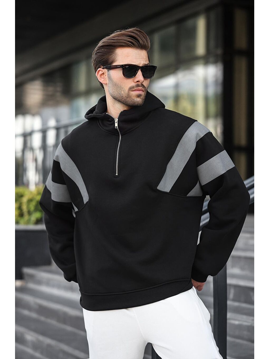 Siyah Fermuarlı Yaka Kapüşonlu Erkek Sweatshirt E7161