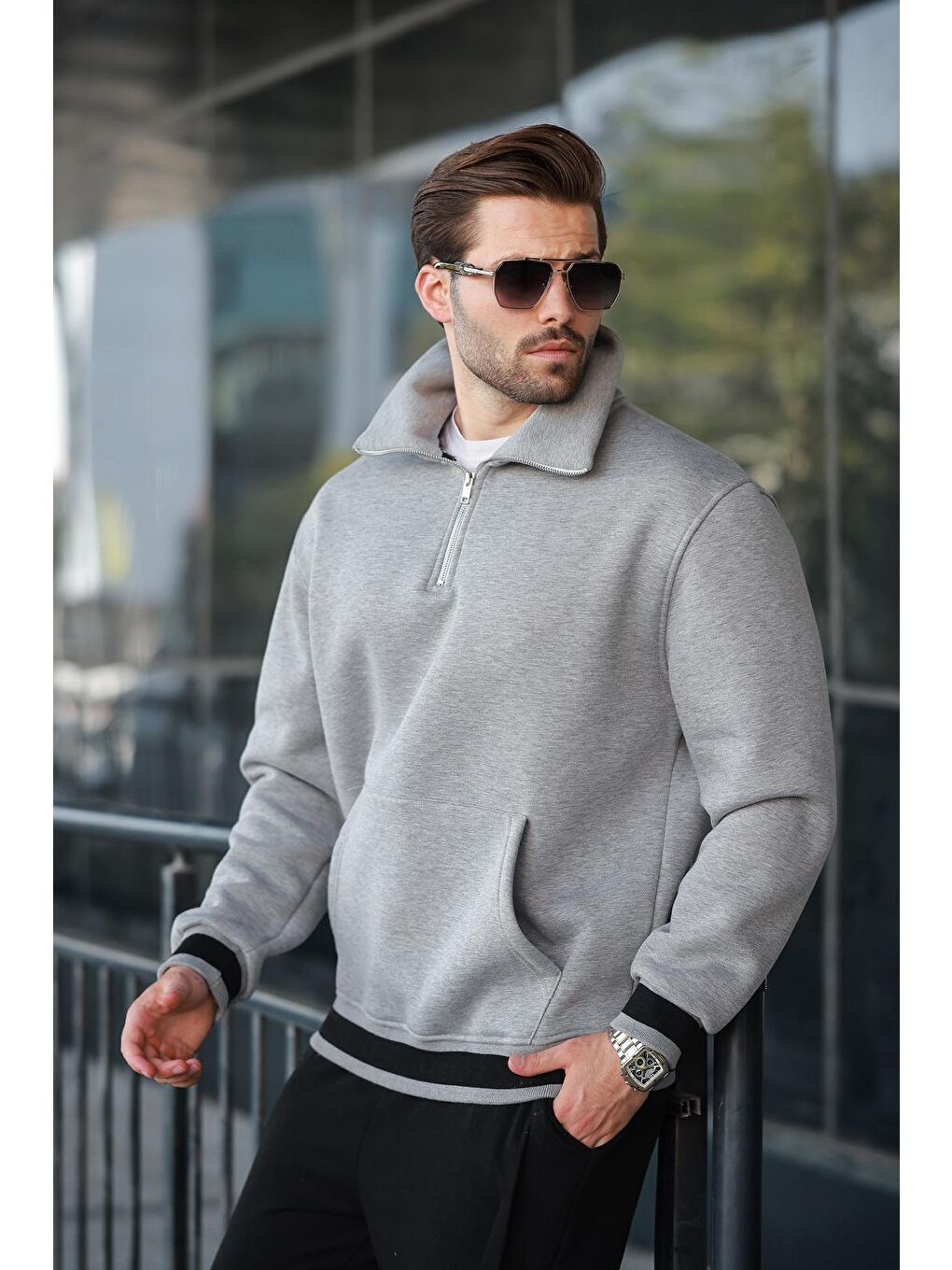 Grimelanj Fermuarlı Dik Yaka Kanguru Cep Erkek Sweatshirt E7159-2