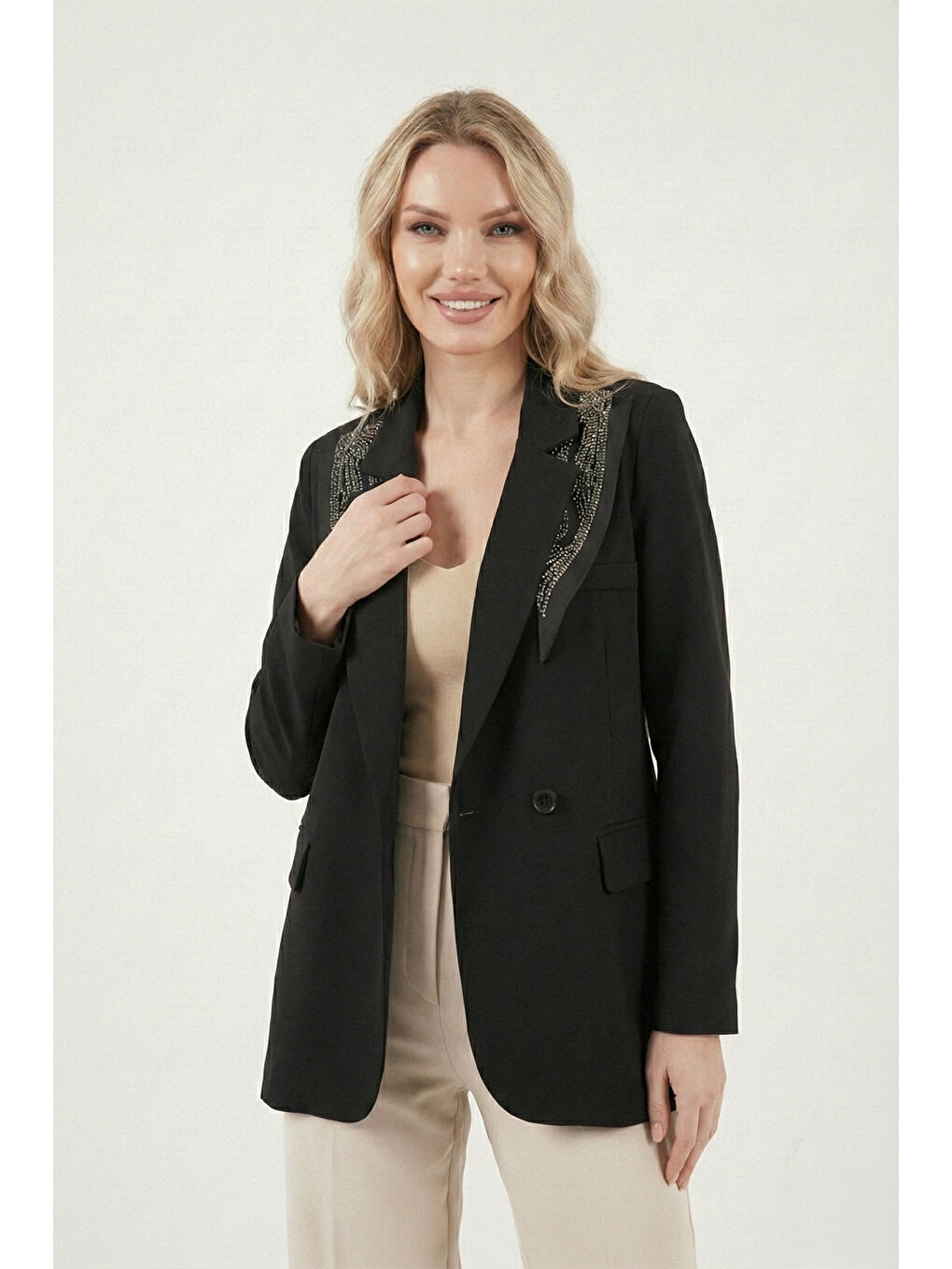 Siyah Slim Fit Şal Detaylı Kruvaze Yaka Kadın Ceket 6927665-1