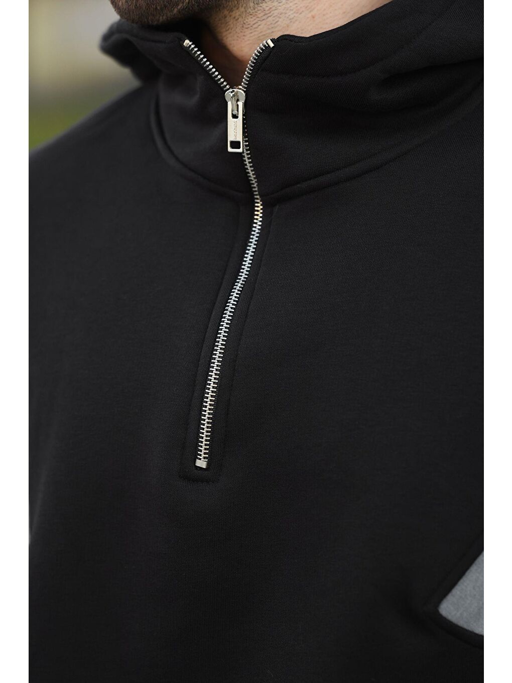 Siyah Fermuarlı Yaka Kapüşonlu Erkek Sweatshirt E7161-2
