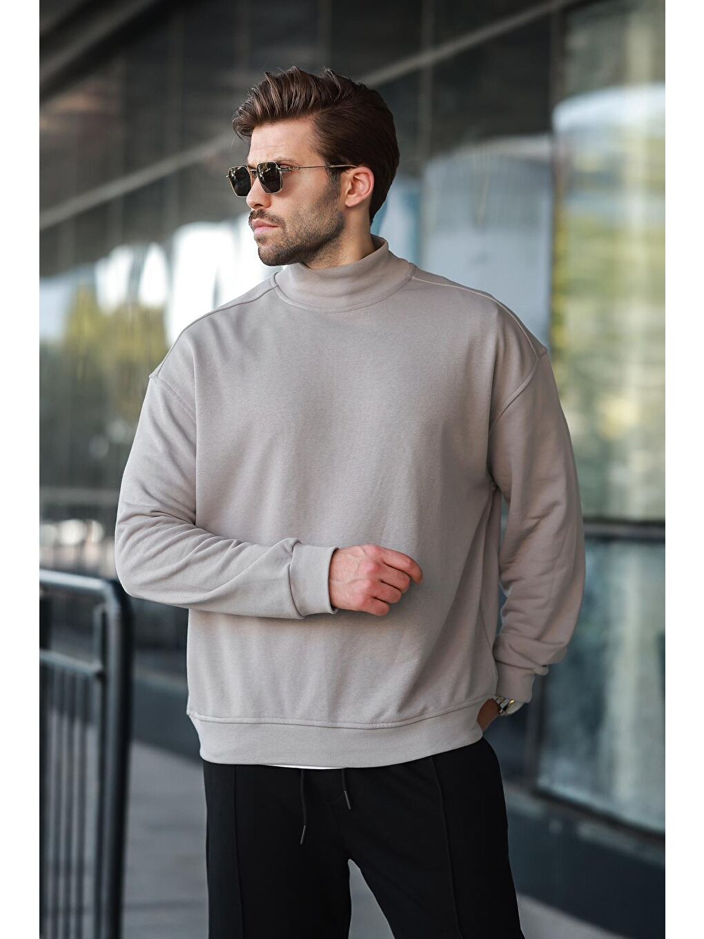 Boyalı Gri Yarım Balıkçı Yaka Erkek Basic Sweatshirt E7158-1