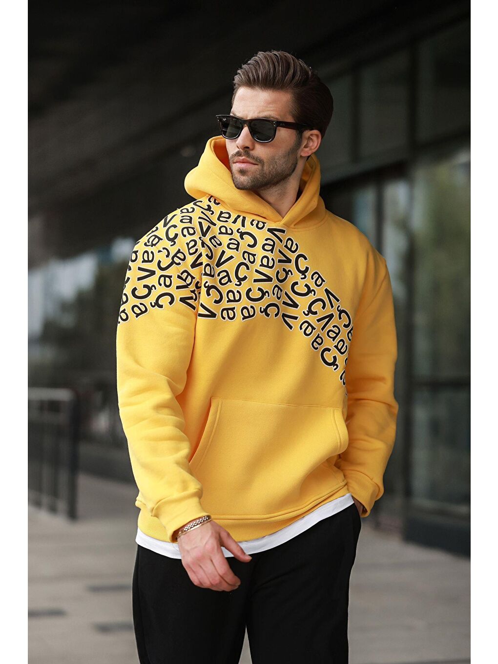 Sarı Baskılı Kapüşonlu Erkek Sweatshirt E7160-2