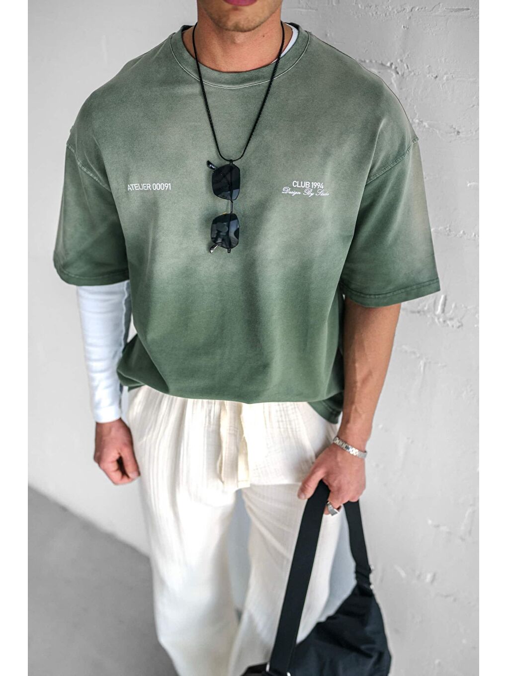 Erkek Renk Geçişli Baskılı Oversize Yıkamalı Tişört Yeşil