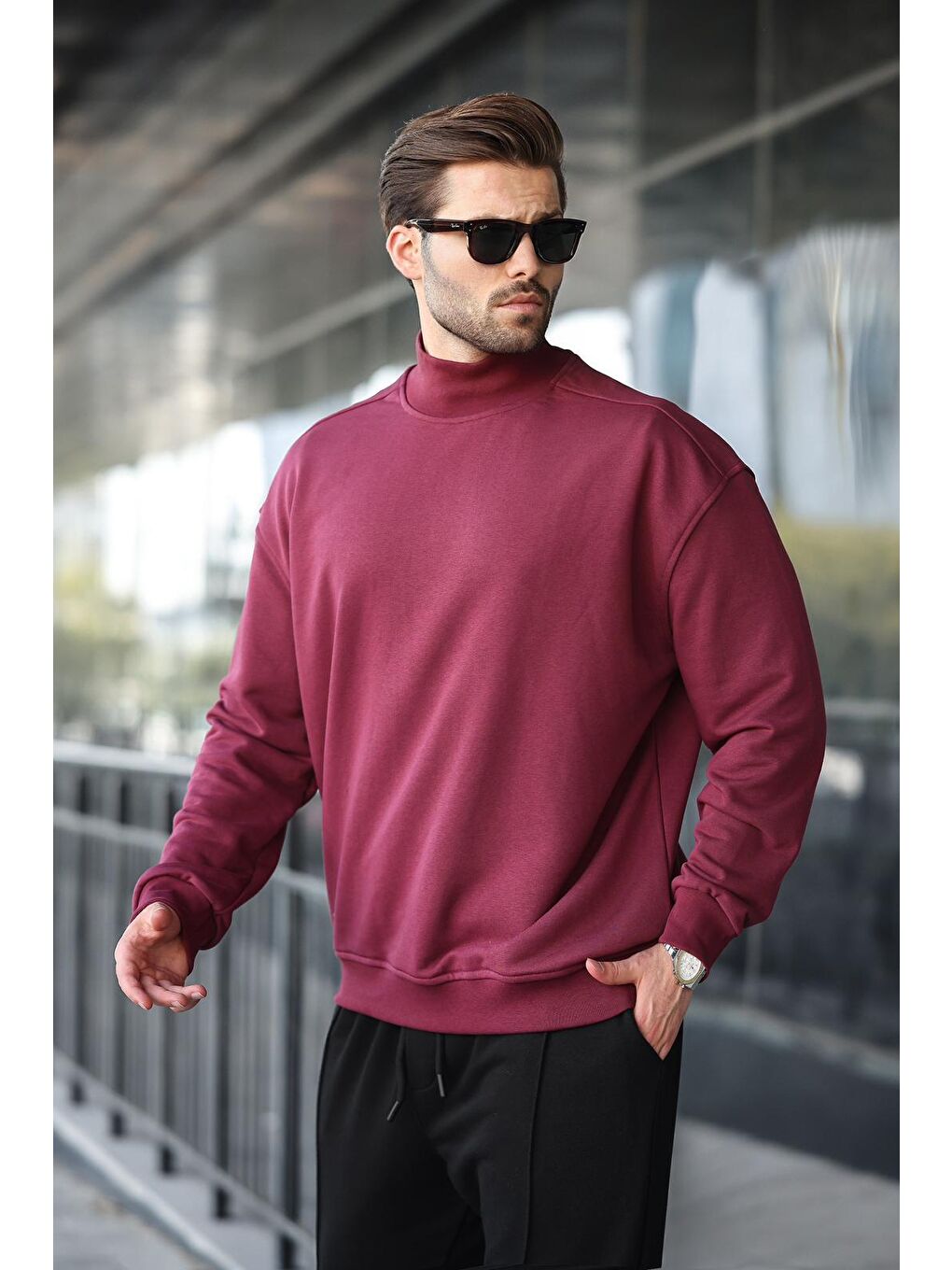 Bordo Yarım Balıkçı Yaka Erkek Basic Sweatshirt E7158