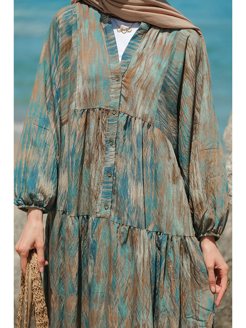 Kadın Rüzgar Dokusu Desenli Elbise Yeşil-2