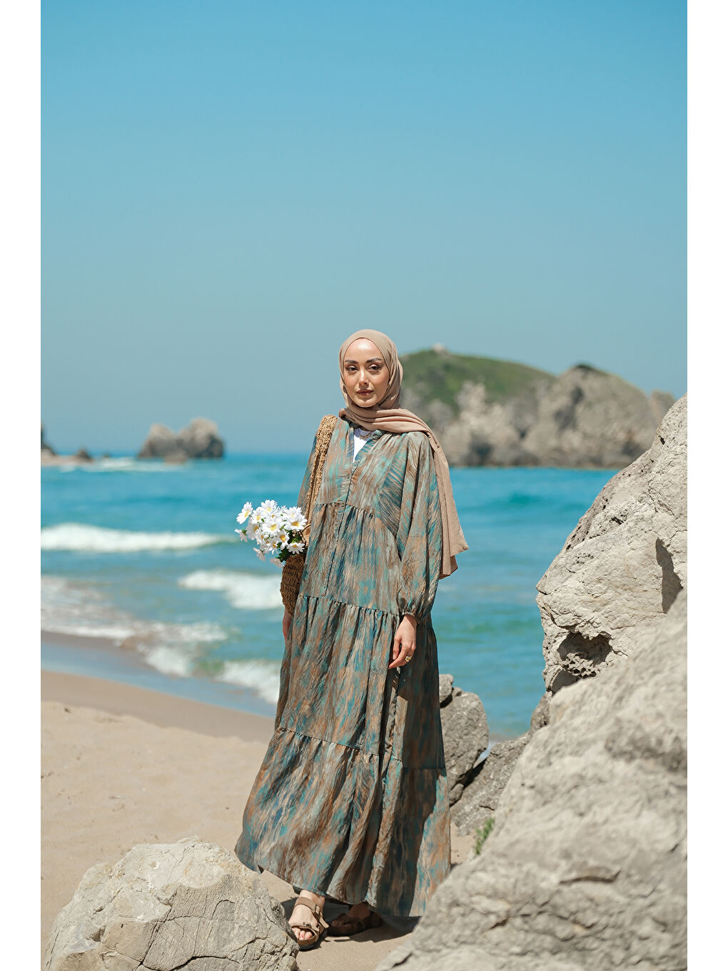 Kadın Rüzgar Dokusu Desenli Elbise Yeşil-3