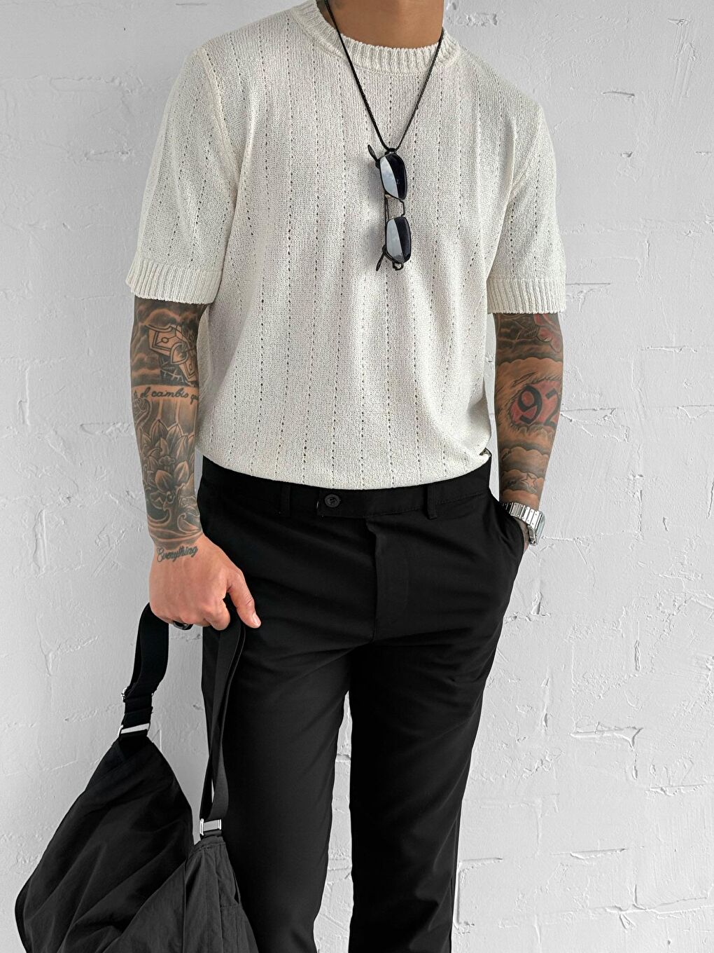 Ekru Erkek Regular Fit Örme Desenli Tişört Krem