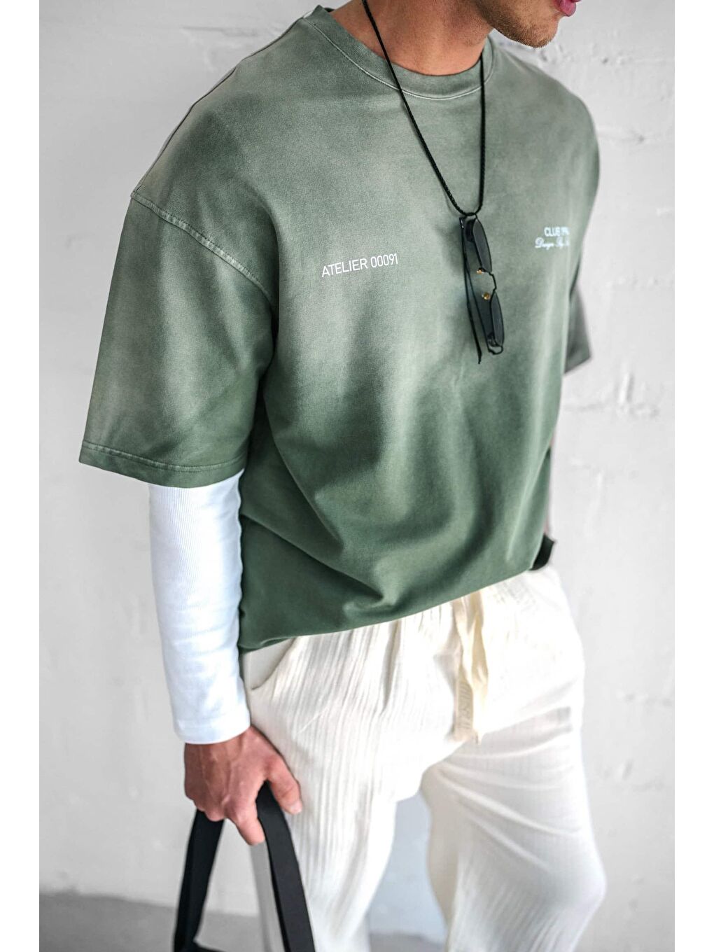 Erkek Renk Geçişli Baskılı Oversize Yıkamalı Tişört Yeşil-2