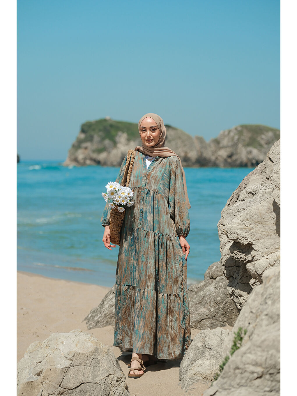 Kadın Rüzgar Dokusu Desenli Elbise Yeşil-4