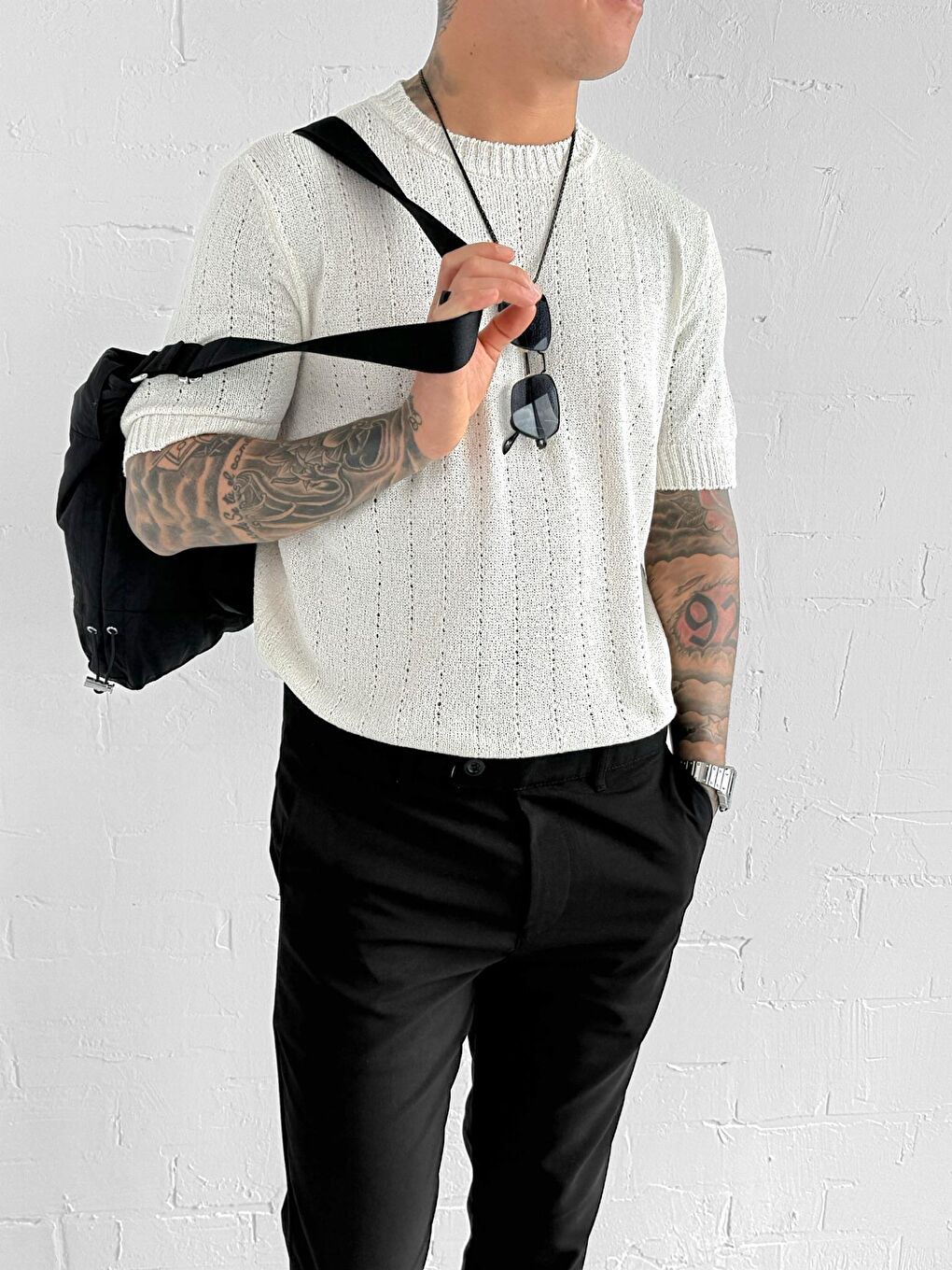 Ekru Erkek Regular Fit Örme Desenli Tişört Krem-2