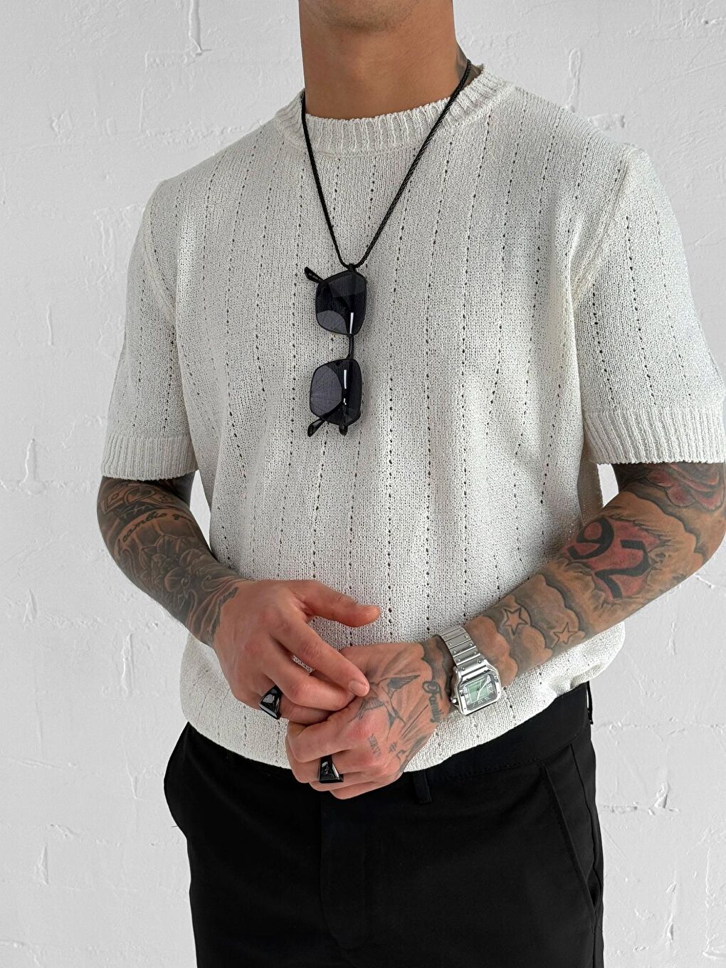 Ekru Erkek Regular Fit Örme Desenli Tişört Krem-3