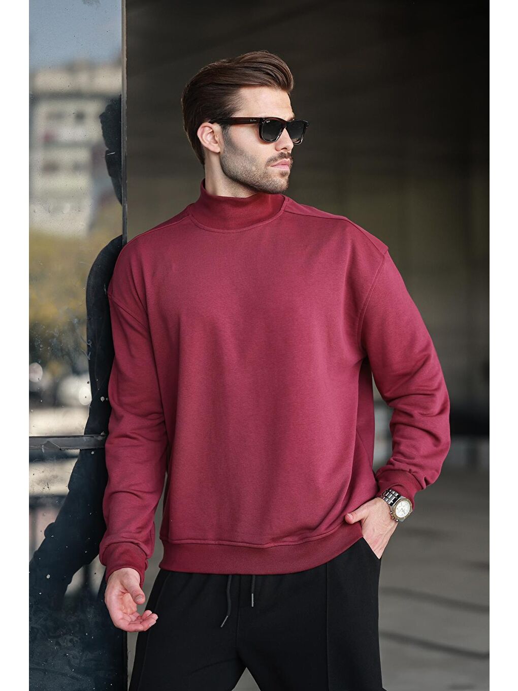 Bordo Yarım Balıkçı Yaka Erkek Basic Sweatshirt E7158-1