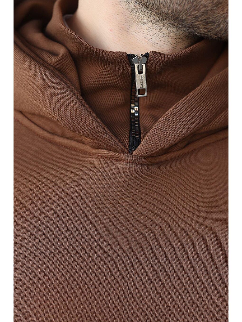 Kahverengi Kapüşonlu Fermuar Yaka Desenli Erkek Sweatshirt E7162-2