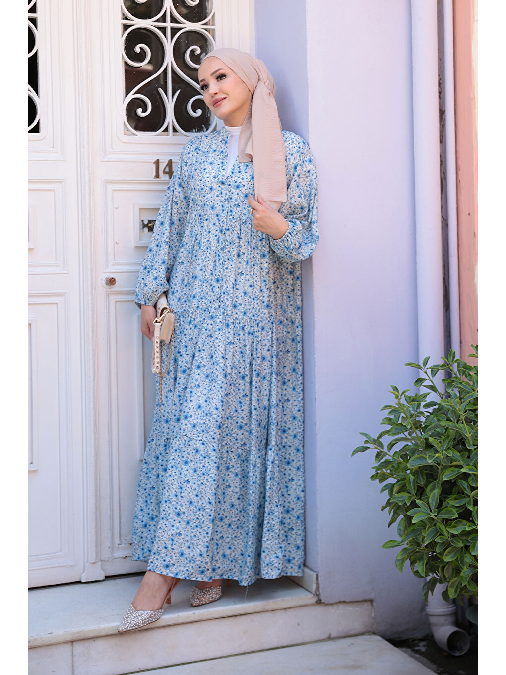 Kadın Kır Bahçesi Desen Elbise Mavi-1