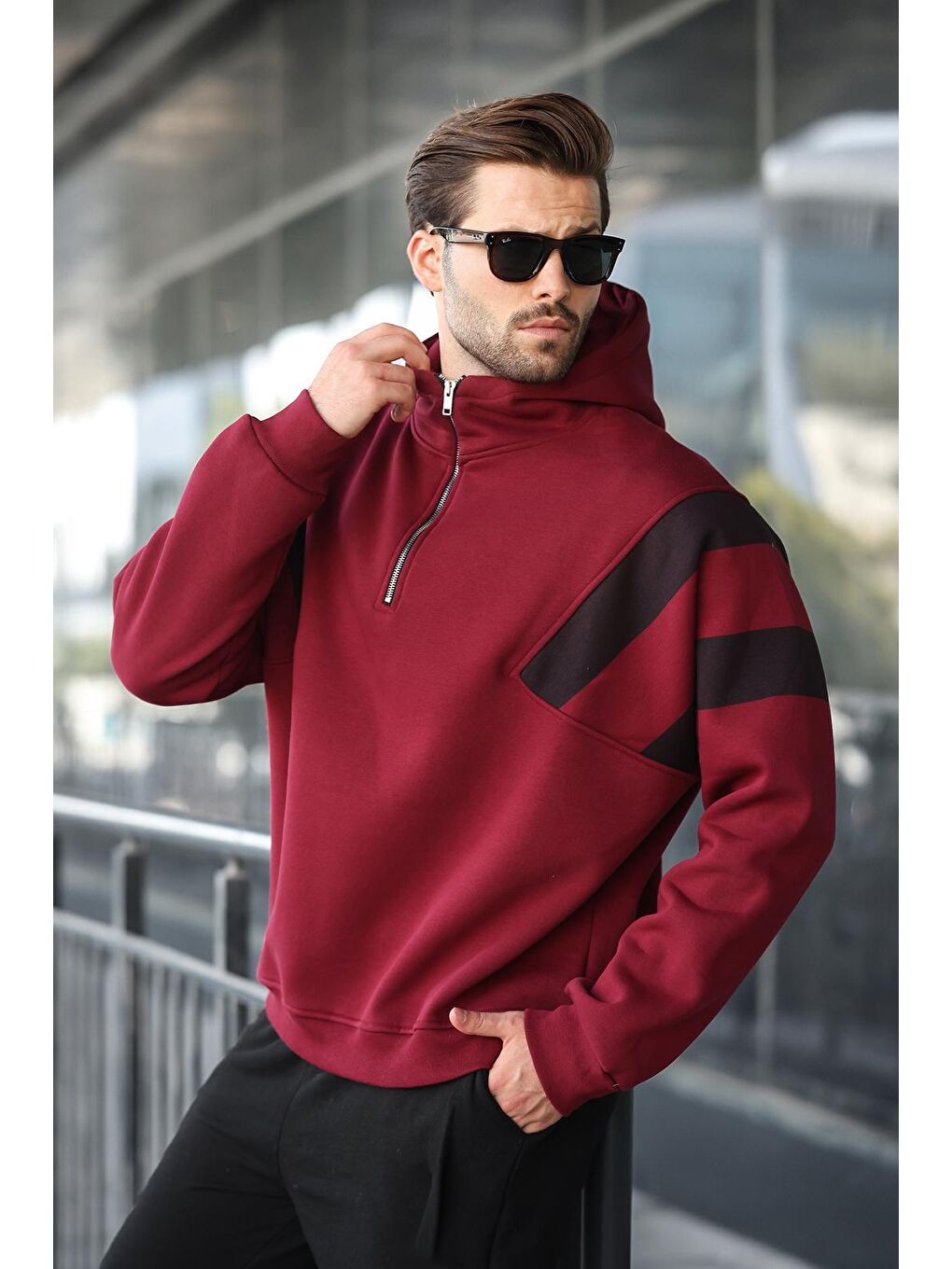 Bordo Fermuarlı Yaka Kapüşonlu Erkek Sweatshirt E7161