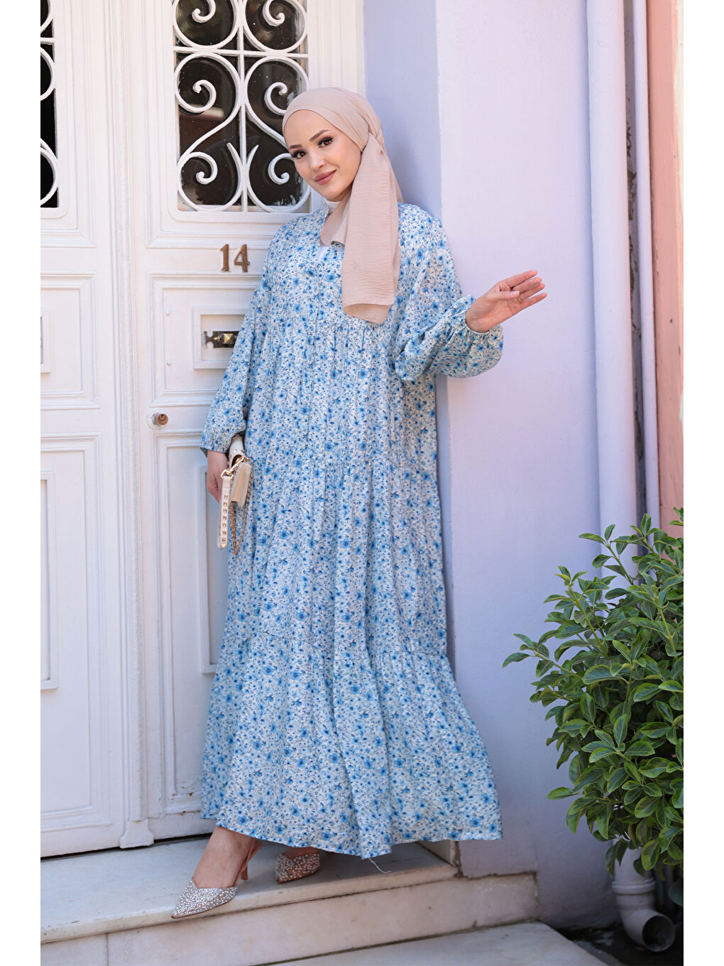 Kadın Kır Bahçesi Desen Elbise Mavi-2