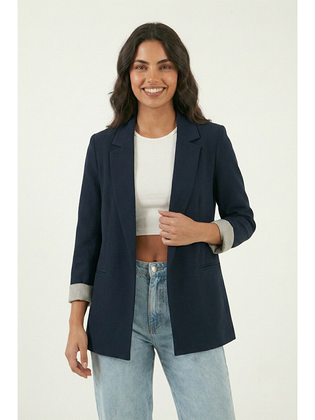 Lacivert Regular Fit Kruvaze Yaka Desenli Astarlı Kadın Ceket 6927624-1