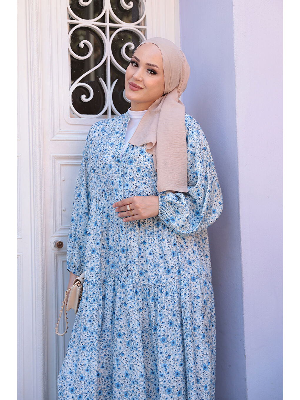 Kadın Kır Bahçesi Desen Elbise Mavi-3