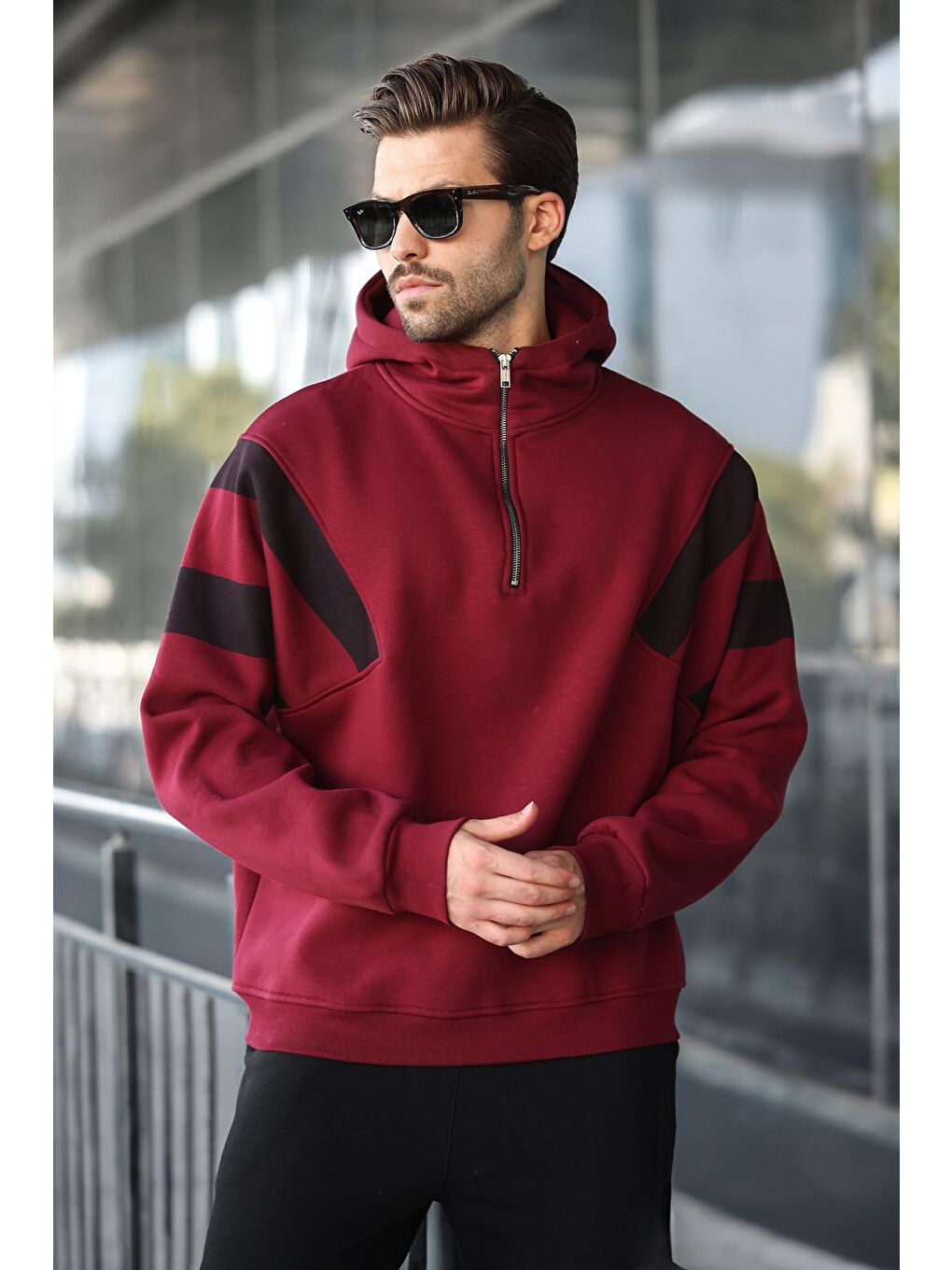 Bordo Fermuarlı Yaka Kapüşonlu Erkek Sweatshirt E7161-1