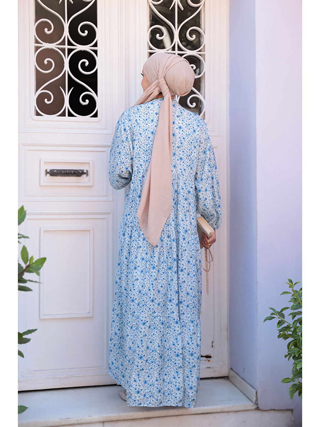 Kadın Kır Bahçesi Desen Elbise Mavi-4