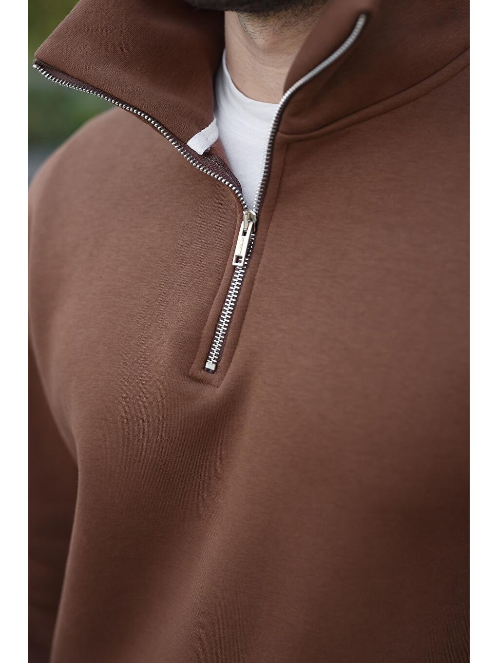 Kahverengi Fermuarlı Dik Yaka Kanguru Cep Erkek Sweatshirt E7159-3