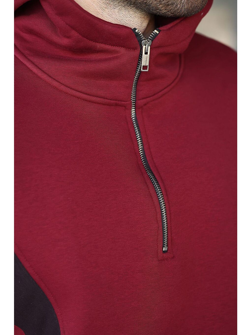 Bordo Fermuarlı Yaka Kapüşonlu Erkek Sweatshirt E7161-2
