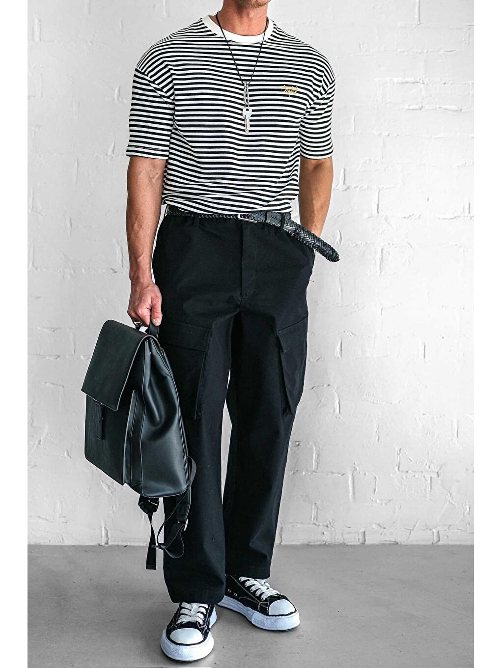 Erkek Oversize Çizgili Rahat Tişört Siyah-4